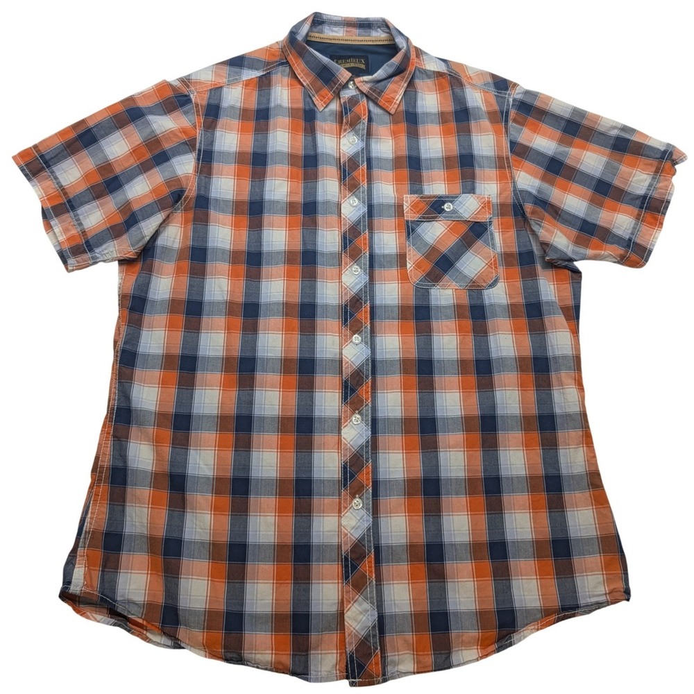 Cremieux Button Down Shirt Mens Large Orange Navy Plaid Short Sleeve